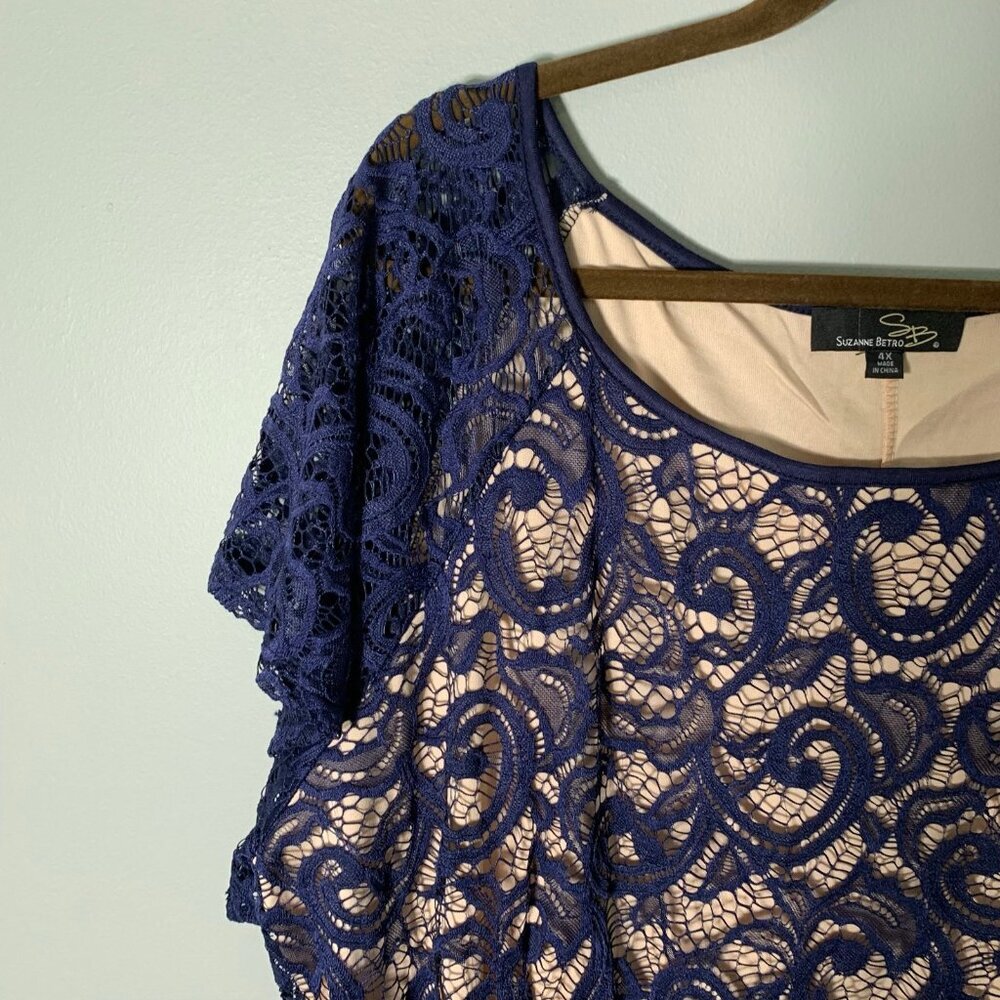 NWOT Suzanne Betro Lace Blouse Women 4X Navy Blue Short Sleeve Scoop Neck Scroll - Picture 2 of 9
